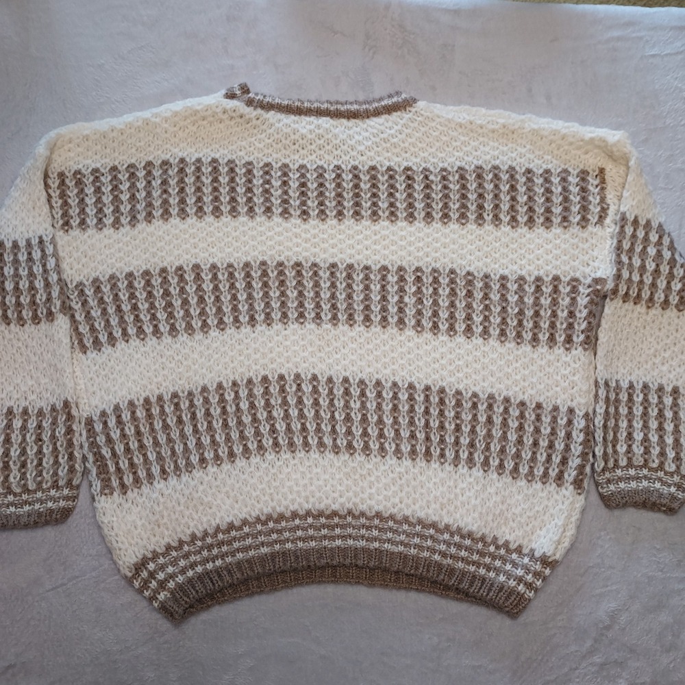 Vine & Love Womens L Striped Chunky Knit Sweater Cream Tan Cabincore Hygge Cozy - Picture 3 of 8